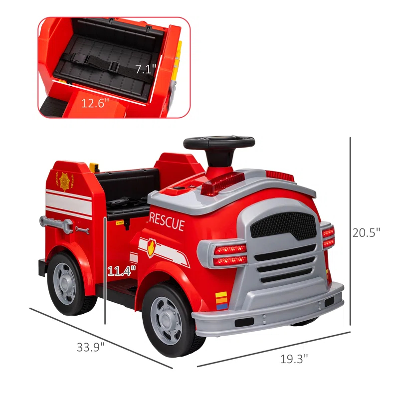 Qaba Qaba 12V Ride on Fire Truck with Siren, Lights, Soft Start, Horn Music, Red