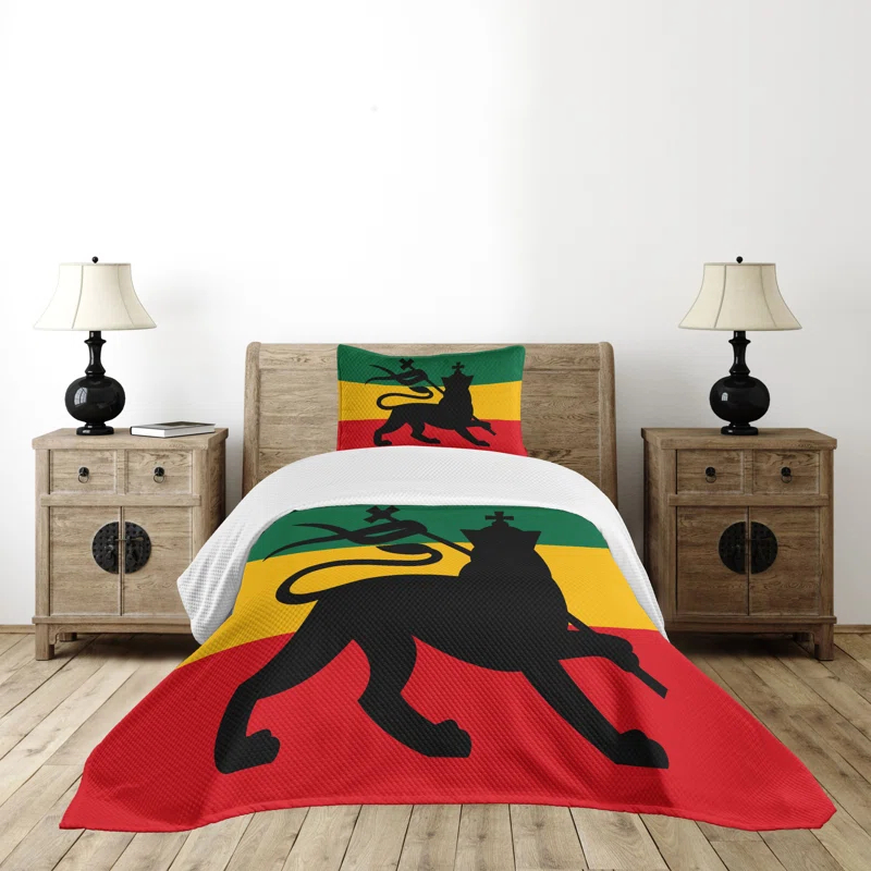 Ambesonne Ambesonne Rasta Bedspread Set Lion Reggae Striped Flag Art Yellow Black