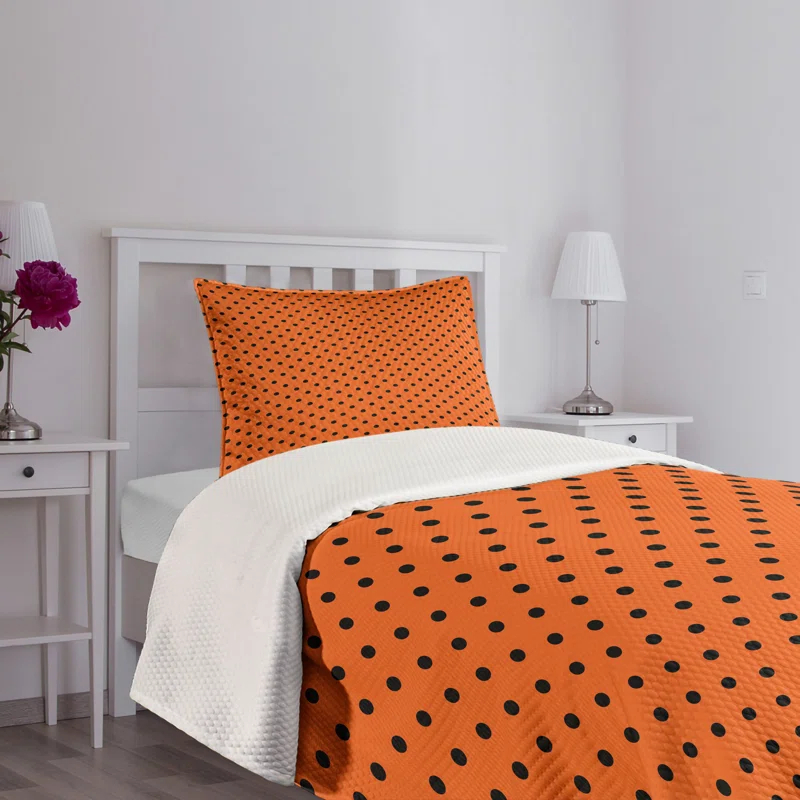Ambesonne Orange Bedspread Set Vintage Polka Dots Tile Orange Black