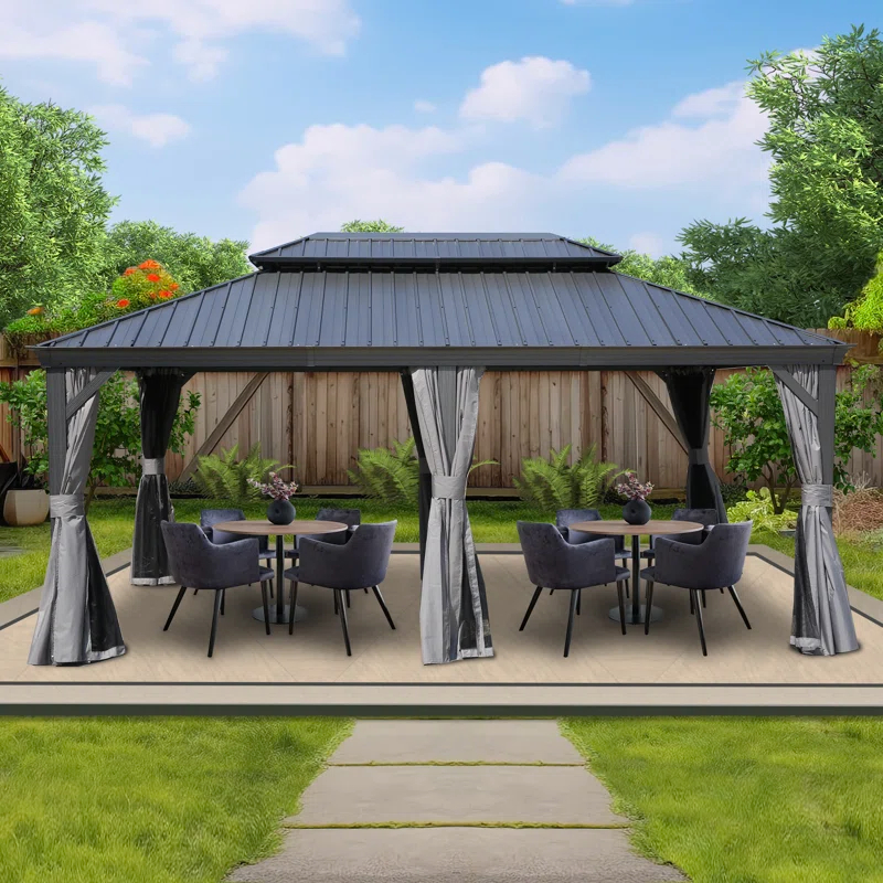 Kozyard Kozyard Alexander Gray Double Roof Hardtop Gazebo with Privacy Curtain Mosquito Netting