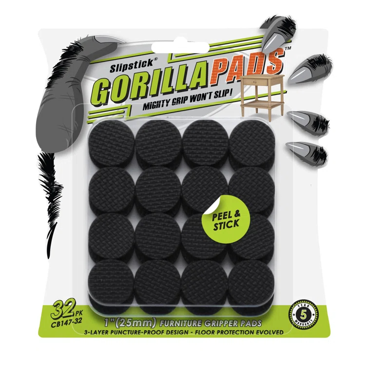 Slipstick Gorillapads Cb147 Non Slip Furniture Pads/Gripper Feet (Set Of 32) Self Adhesive Rubber Floor Protectors, 1 Inch Round, Black (Set of 32)