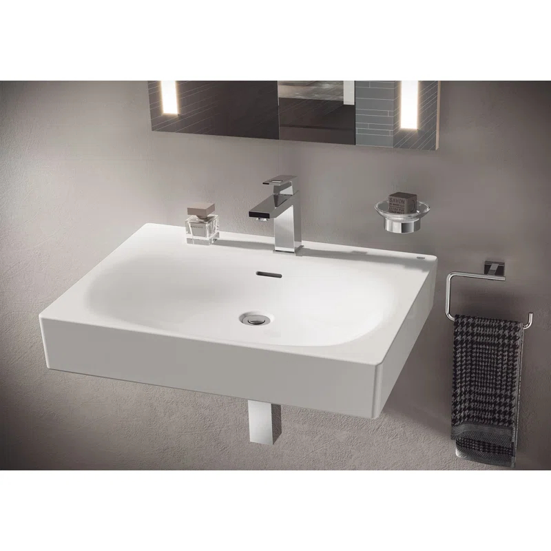 Eurocube® Alpine White Rectangular Wall Mount Bathroom Sink with Overflow