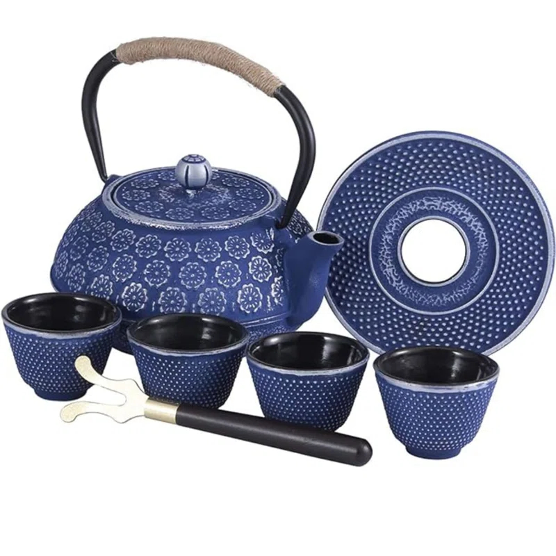 Darby Home Co Blue Floral Japanese Cast Iron Teapot Set with 4 Cups