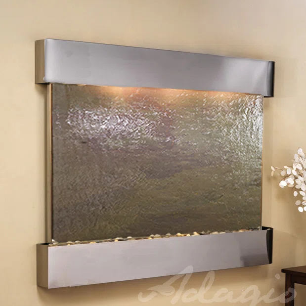 Large Stainless Steel and Featherstone Wall Fountain with Lights