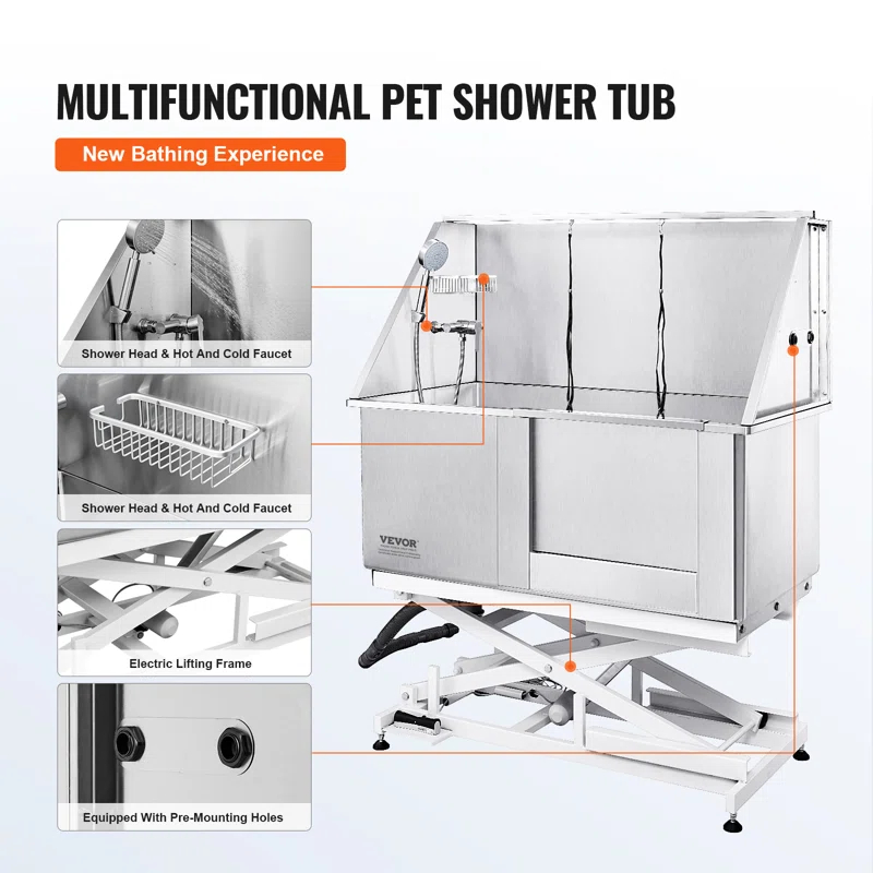 VEVOR 50" W Metal Dog Grooming Tub Electric Height Adjustment with Right Door Opening
