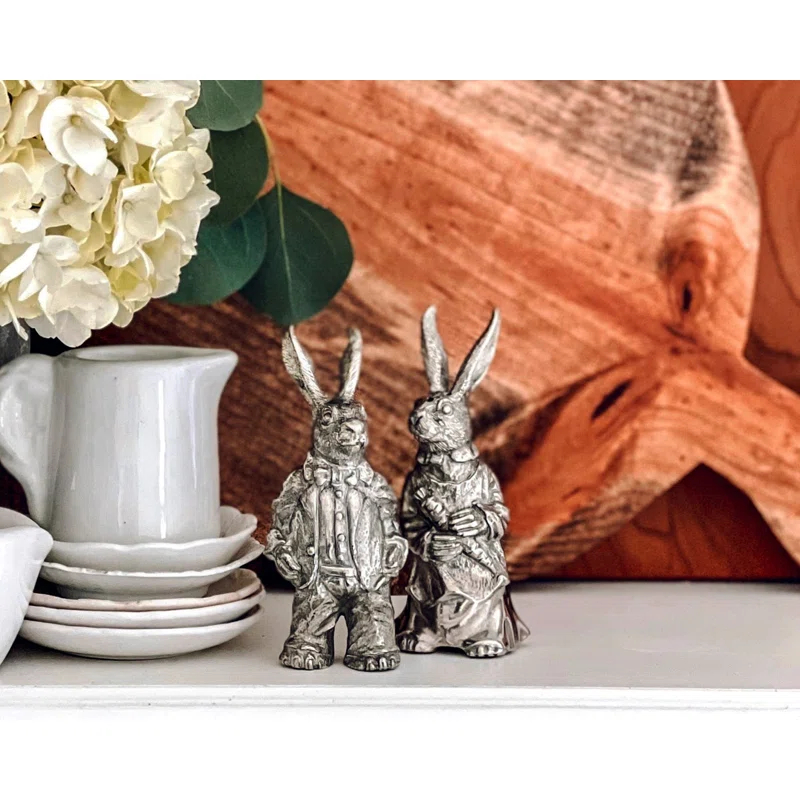 Vagabond House Garden Friends Easter Pewter Dressed Rabbits Salt and Pepper Shakers Set
