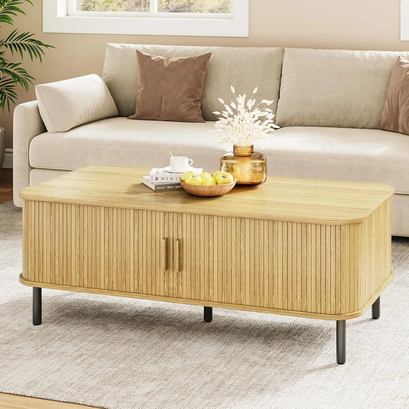 Latitude Run® Coffee Table with Storage, 47.2" Modern Coffee Tables for Living Room, Rectangle Center Table with Sliding Tambour Door & Adjustable Leg for Living Room