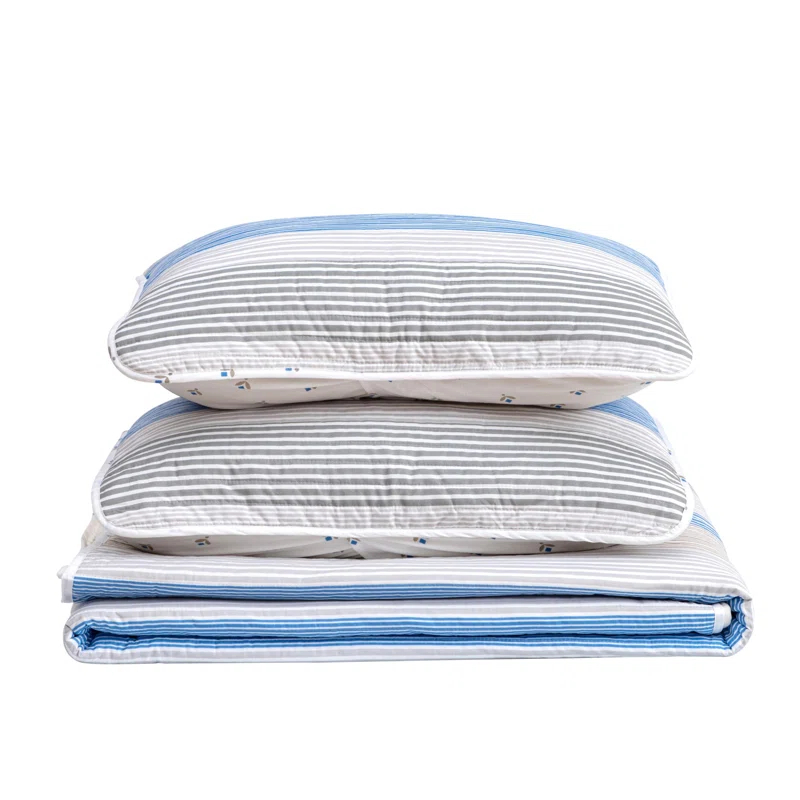 FreshFolds Blue / White / Grey Striped Reversible Quilt Set with Shams