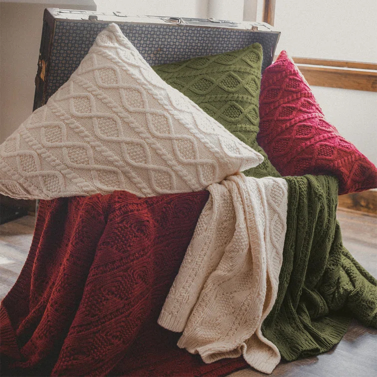 Cable Knit Wool Solid Textured Sweater Soft Classic Lodge Throw Blanket