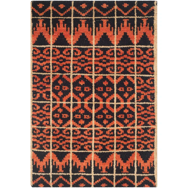 Union Rustic Alimatou Hand Knotted Wool/Cotton Southwestern Rug in Orange/Black