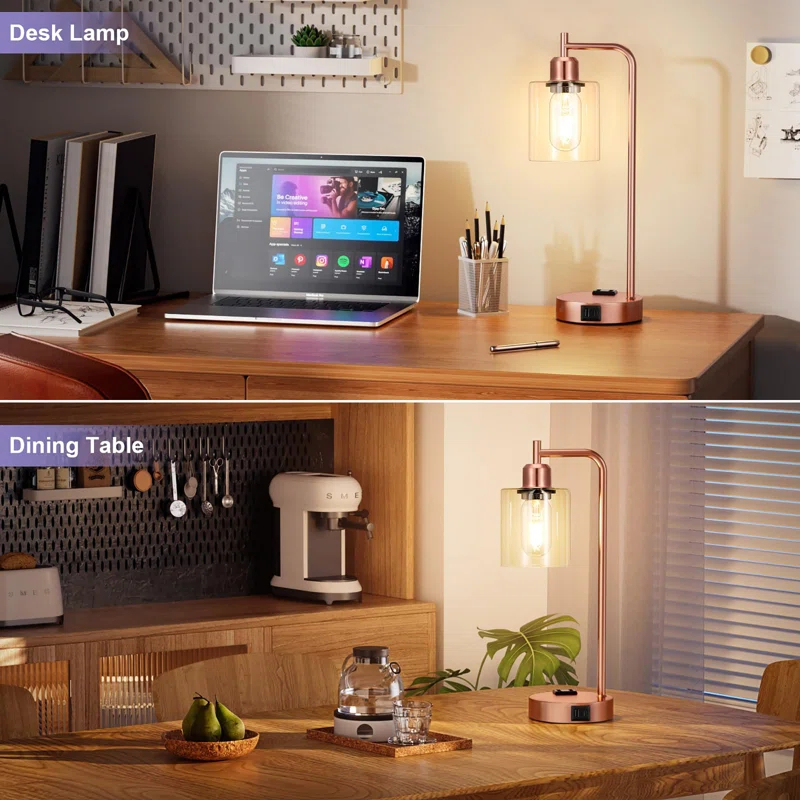 Latitude Run® Industrial Touch Table Lamps for Bedrooms Set of 2 - 3-Way Dimmable Nightstand Lamps with USB C+A Ports and Outlet, Bedside Lamps with Glass Shade for Living Room, Desk Lamps for Home Office
