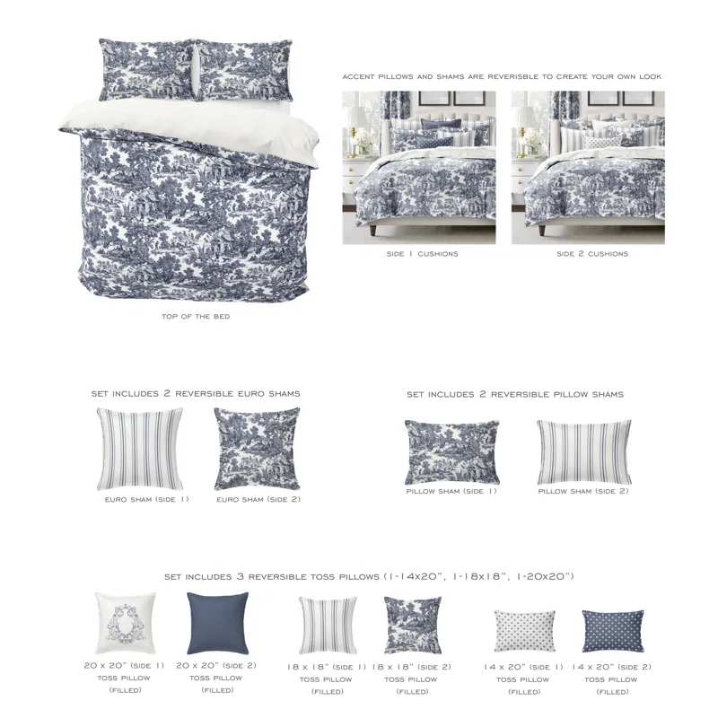 Au Village Toile Denim Cotton Comforter Set 8 Piece