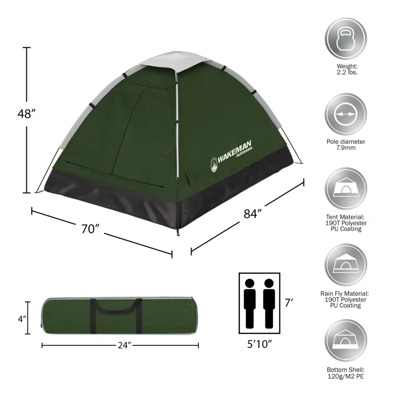 wakeman Wakeman Outdoors 2 Person Camping Tent with Rain Fly and Carrying Bag- Lightweight, Water Resistant
