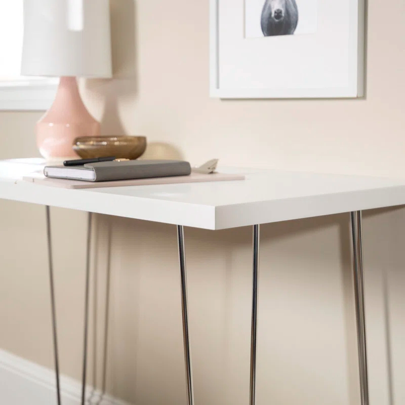 Walker Edison MDF Wood Writing Desk with Chrome Metal Legs in White