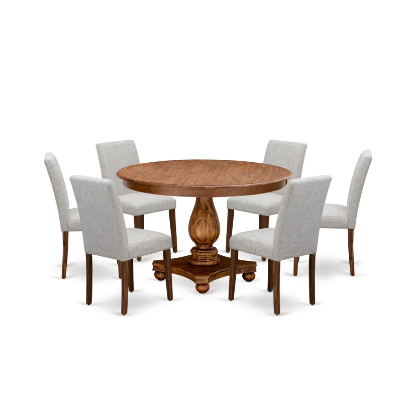 Red Barrel Studio® 7 Piece Dining Set Consist of a Round Dining Room Table with Pedestal and 6 Doeskin Linen Fabric Upholstered Parson Chairs, Antique Walnut