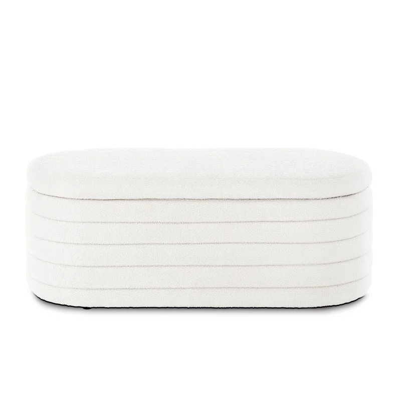 Modern Oval Storage Ottoman Bench, Upholstered Boucle Teddy Fabric End Of Bed Bench With Storage, End Of Bed Stool With Safety Hinge For Bedroom, Living Room, Entryway