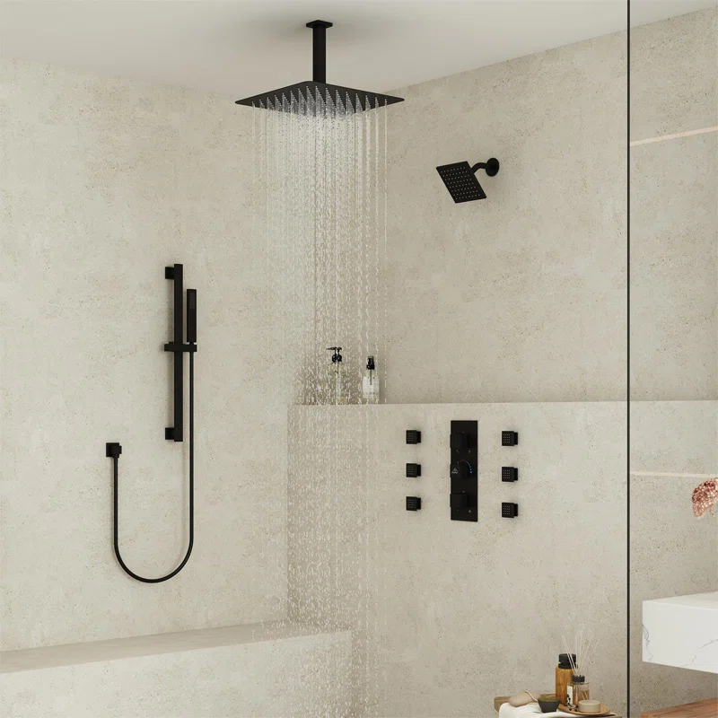 CASAINC Rainfall Symphony 16inch Dual Shower Head Rainfall Thermostatic Shower System with 16-inch Slide Bar and Body spray KCHS0019-16MB