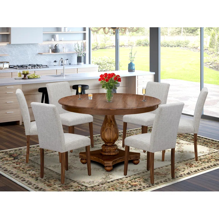 Red Barrel Studio® 7 Piece Dining Set Consist of a Round Dining Room Table with Pedestal and 6 Doeskin Linen Fabric Upholstered Parson Chairs, Antique Walnut