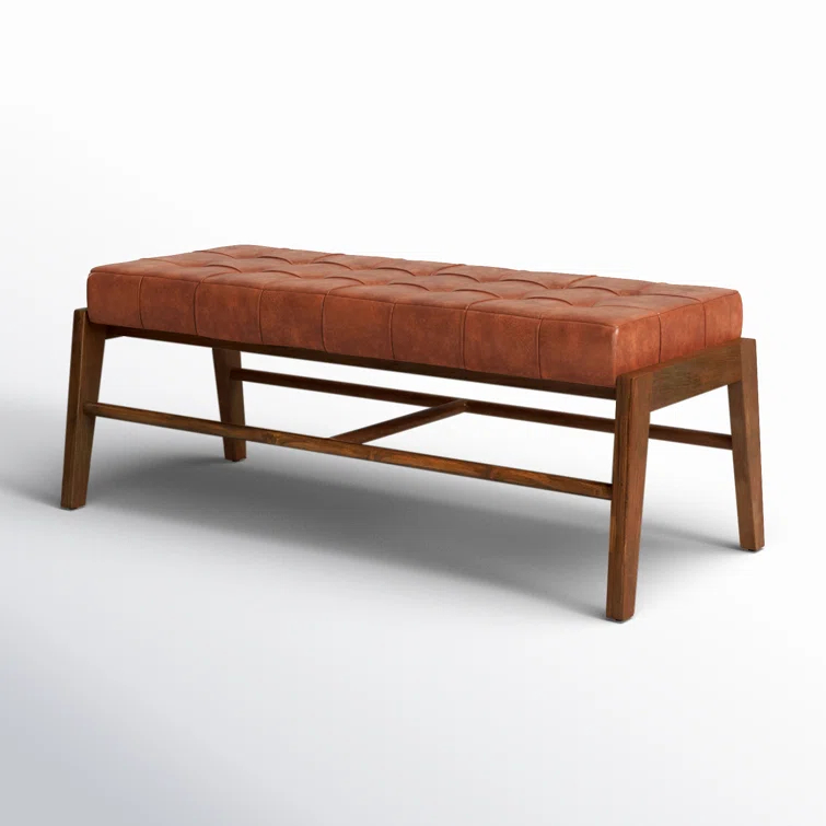 Dennis 49" Wide Teak and Full Grain Leather Bench, Brown