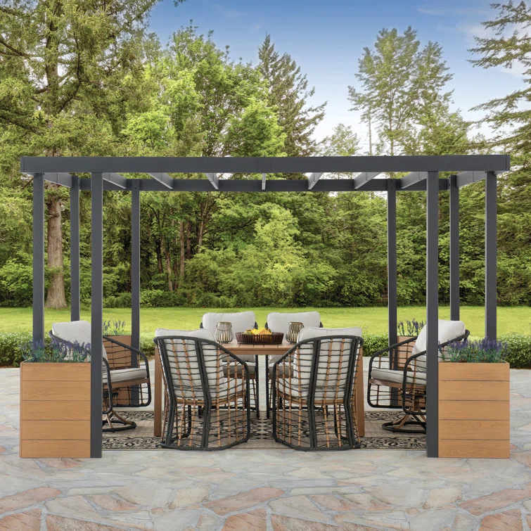 Sunjoy Sunjoy Marbella Pergola 10 x 12 ft. Outdoor Black Steel Frame Pergolas All-Season Durability High-Wind Rating for Outdoor Patio Deck Garden