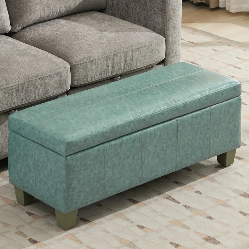 Ebern Designs Faux Leather Storage Ottoman, Rectangle Upholstered End Of Bed Storage Bench,  Stitch Tufted Bedroom Bench With Storage, Entryway Large Storage Ottoman With Wooden Legs