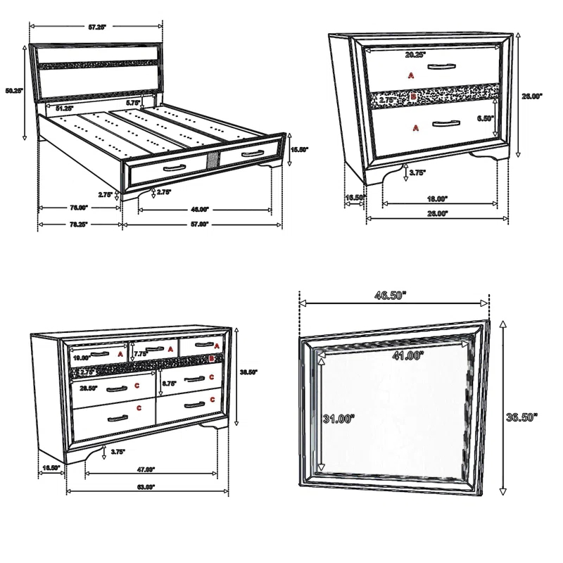 Benjara Vino 4Pc Bedroom Set, Storage Footboard, Glitter Stripes