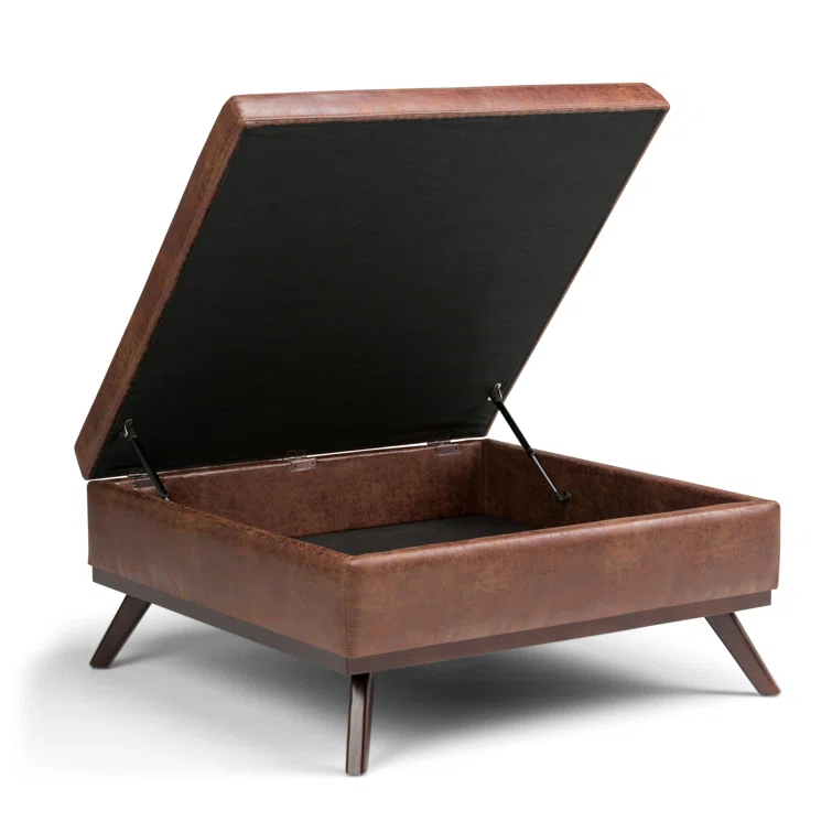 Simpli Home Owen 36"W Upholstered Square Coffee Table Storage Ottoman with Lift Top and Solid Wood Legs