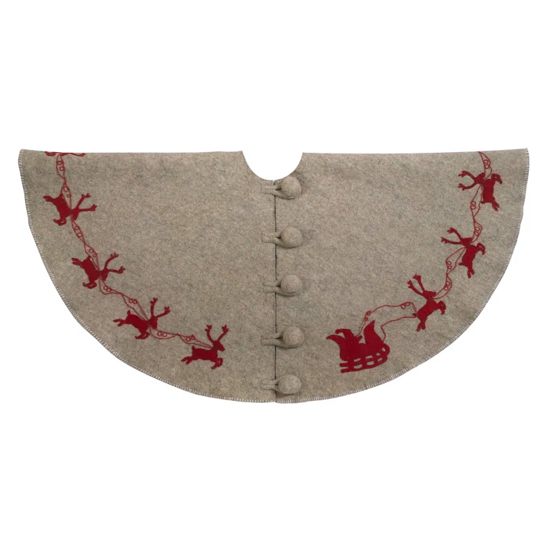 Arcadia Home Reindeer tree skirt- grey with red reindeer and cream whip stitch-72"