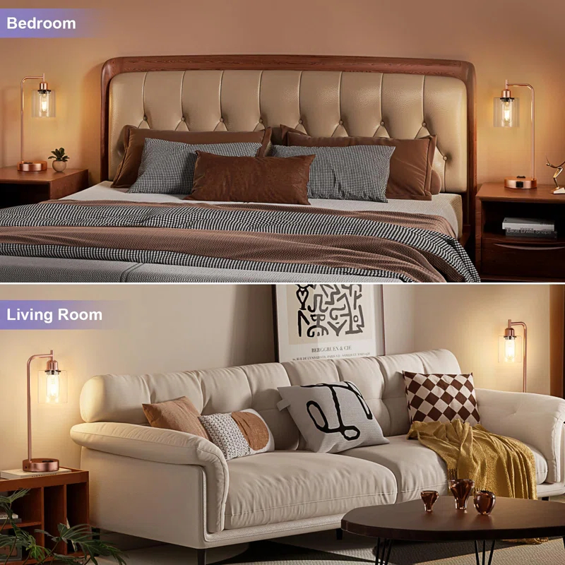 Latitude Run® Industrial Touch Table Lamps for Bedrooms Set of 2 - 3-Way Dimmable Nightstand Lamps with USB C+A Ports and Outlet, Bedside Lamps with Glass Shade for Living Room, Desk Lamps for Home Office