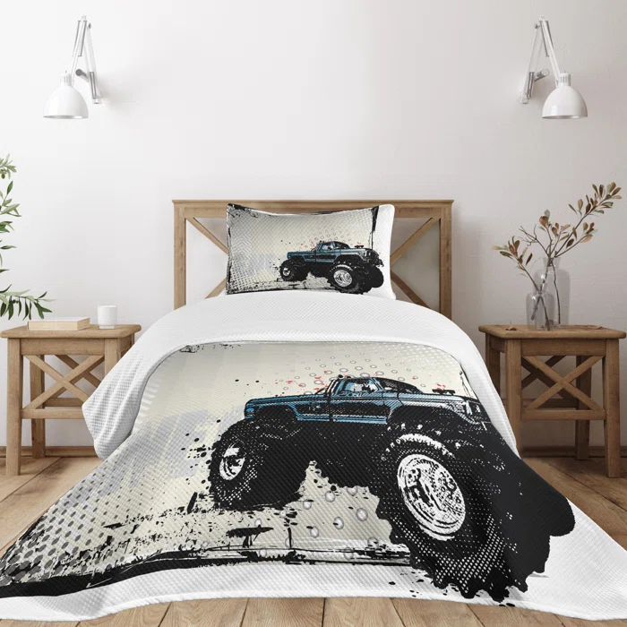 Ambesonne Ambesonne Truck Bedspread Set Halftone Monster Pickup Ivory Blue Black
