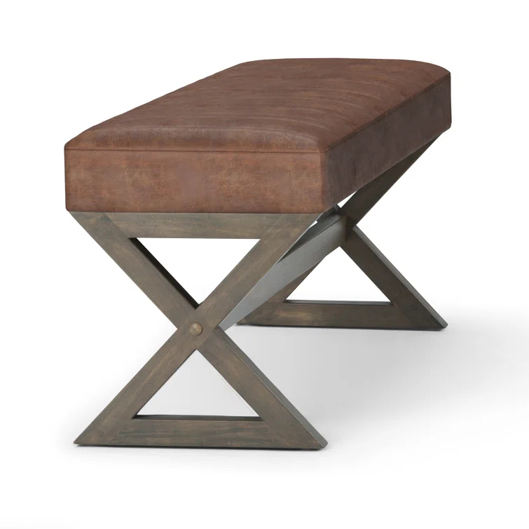 Simpli Home Salinger 48"W Large Ottoman Bench in Distressed Vegan Leather with Solid Wood Frame