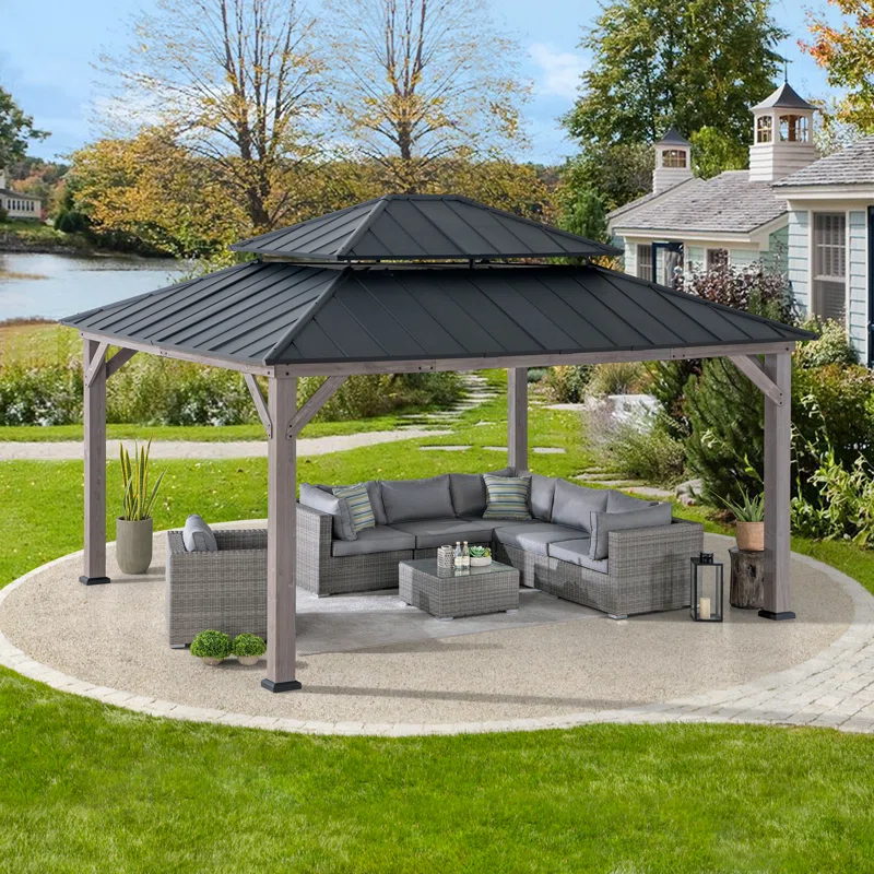 Sunjoy Sunjoy 13 x 15 ft. Wood Gazebo, Outdoor Patio Steel Hardtop Gazebo, Cedar Framed Wooden Gazebo with 2-Tier Metal Roof, Suitable for Patios, Lawn and Backyard