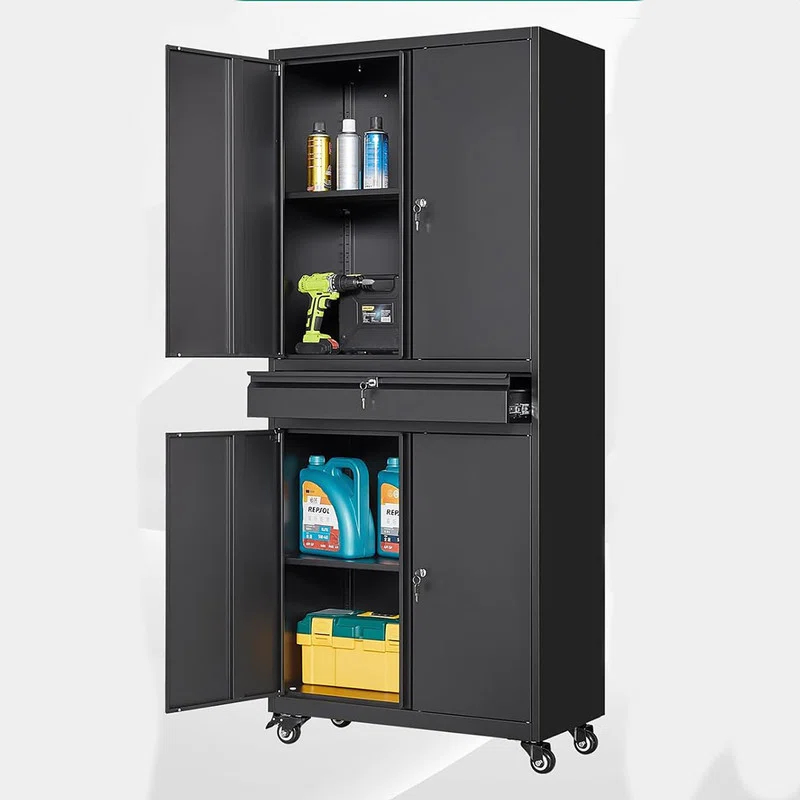 17 Stories Wheeling Garage Storage Cabinet, Rolling Tool Cabinet with 4 Door Lock-Adjustable Shelves and 1 Drawer for Garage Utility Room (Black)