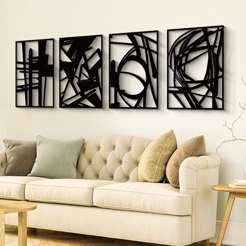 Ivy Bronx 4 Pack Black Abstract Metal Wall Art, Minimalist Décor Single Line Art Wall Décor, 3D Textured Metal Wall Sculptures, For Living Room Bedroom Bathroom Study Room (Black Abstract, M Size 16 X 11'')