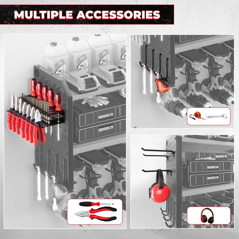 UNIVERSAL WINDOW SOLUTIONS Power Tool Organizer With Charging Station, Built In 8 Outlet Power Strip, Large 8 Drill Holder Wall Mount, Heavy Duty Metal Power Tool Storage Rack Tool Shelf For Garage Organization