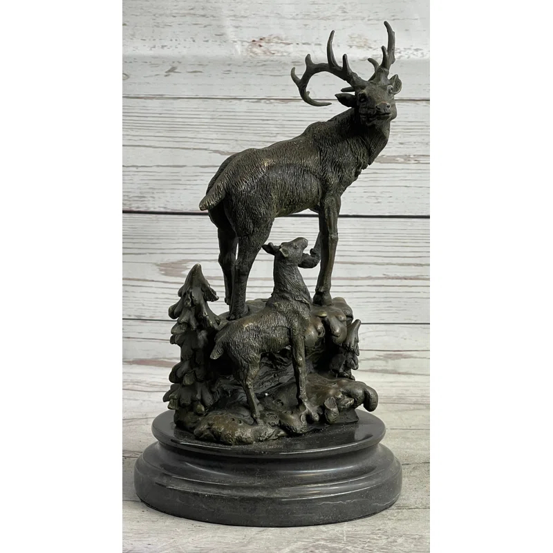 Loon Peak® Signed Original Male Stag with his Baby Fawn Bronze Sculpture Marble Base Statue