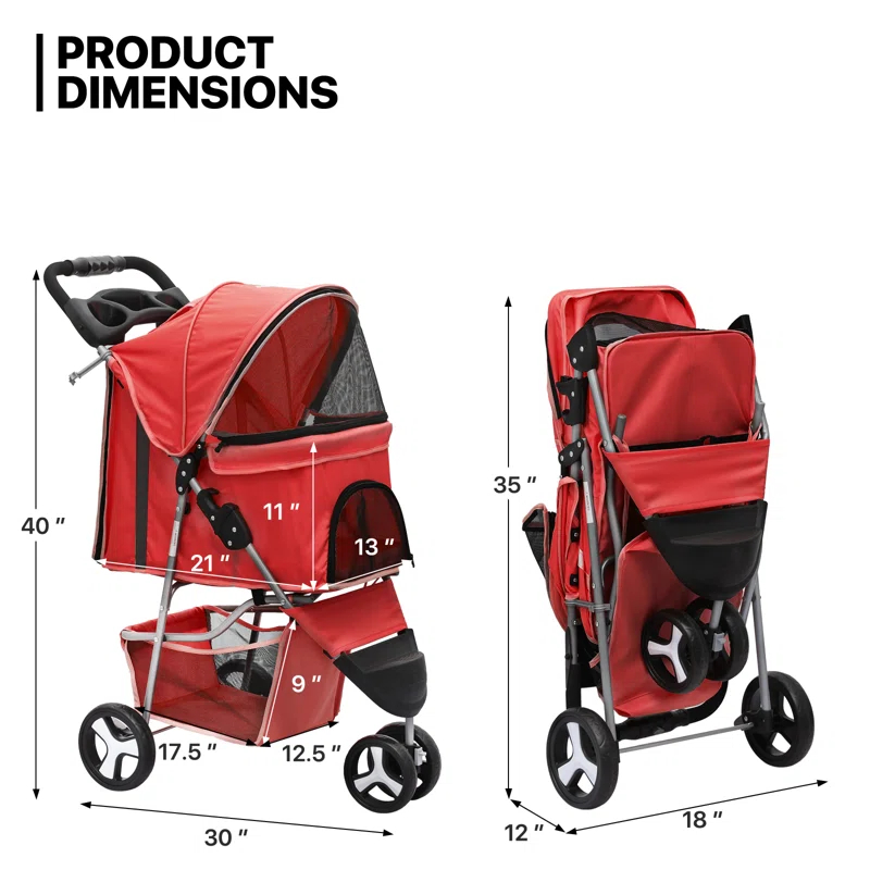 MoNiBloom 3 Wheel Folding Pet Stroller, Foldable Dog Jogger Stroller with Storage Basket, Cup Holder & Canopy