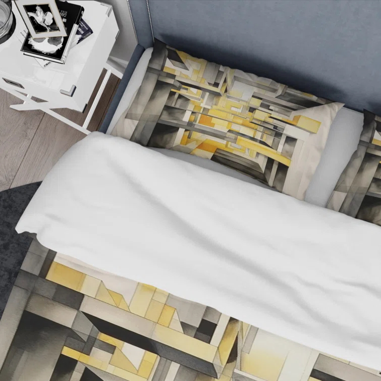 Design Art Yellow and Grey Intersecting Realities II BeddingMicrofiber / Polyester Duvet Cover Set