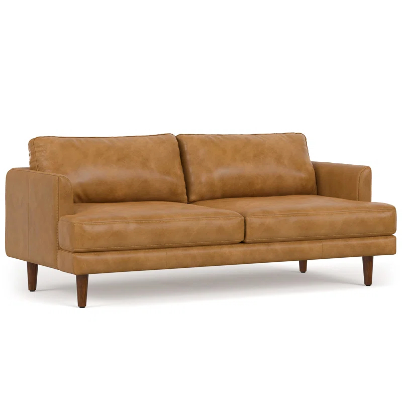 Simpli Home Livingston Genuine Leather Sofa Mid-Century Modern Couch for Living Room,Handcrafted with Removable Cushions