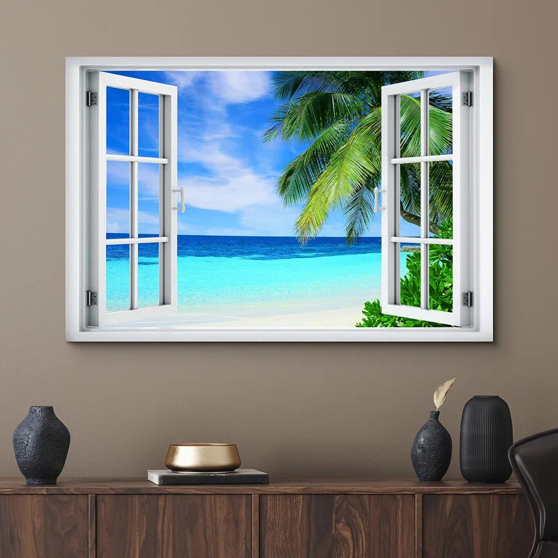 IDEA4WALL Window Scenery " Window View Teal Blue Beach Shore Tropical Island Wilderness Nature "
