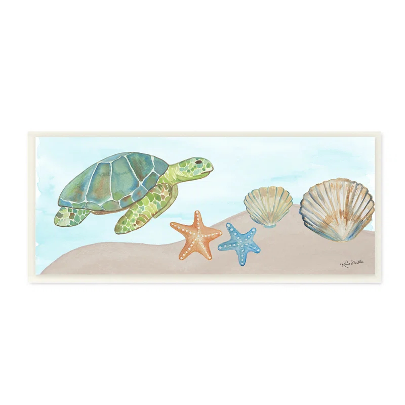 Stupell Industries " Green Turtle Swimming Starfish Shells Sea Life " by Katie Doucette Painting Print