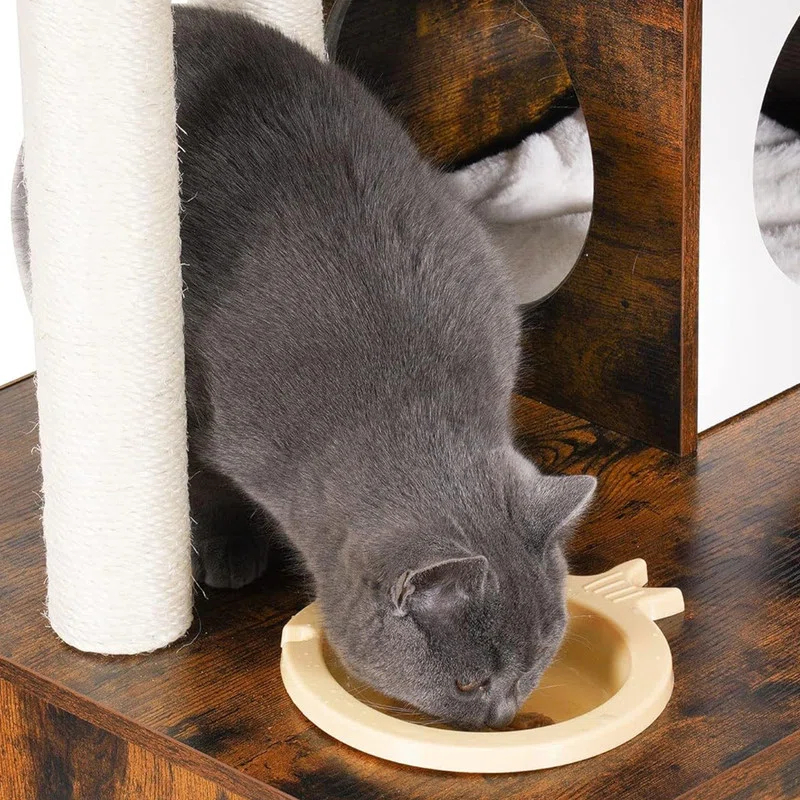 Wood Litter Box Enclosure with Food Station, All-in-one Indoor Cat Furniture with Large Platform and Condo