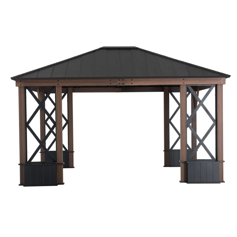 Sunjoy Sunjoy 13 ft. x 15 ft. Hardtop Gazebo, Outdoor Black Steel Roof Gazebo Aluminum Framed Gazebo with Planters and Ceiling Hook for Patio, Garden, and Backyard Activities
