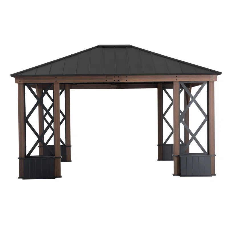 Sunjoy 13 ft. x 15 ft. Hardtop Gazebo, Outdoor Black Steel Roof Gazebo Aluminum Framed Gazebo with Planters and Ceiling Hook for Patio, Garden, and Backyard Activities
