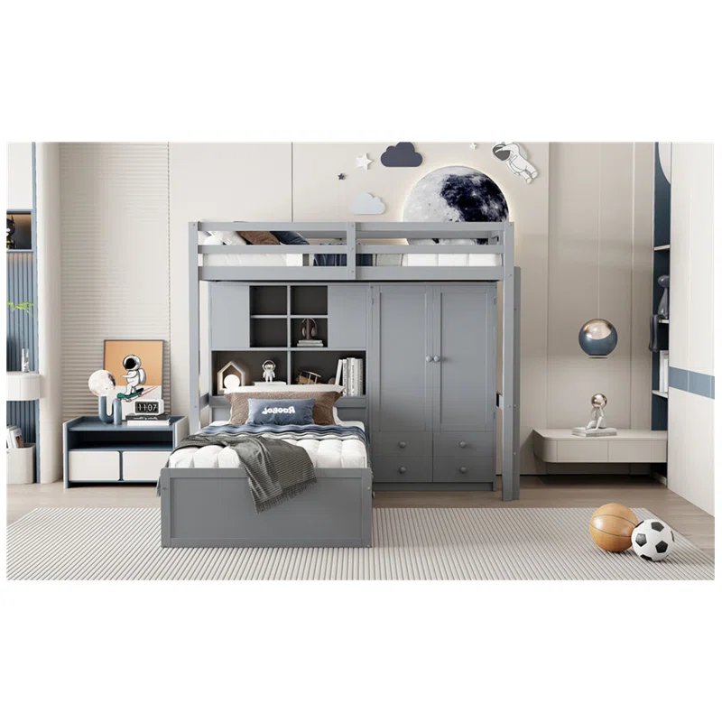 yuanhuan Twin Bunk Bed With Drawers, Wardrobe, Storage Shelves And Hydraulic Bed