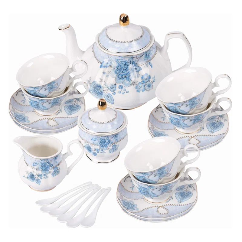 DOFLIC Porcelain Tea Set, Tea Cup and Saucer Set Service for 6, Wedding Tea Set