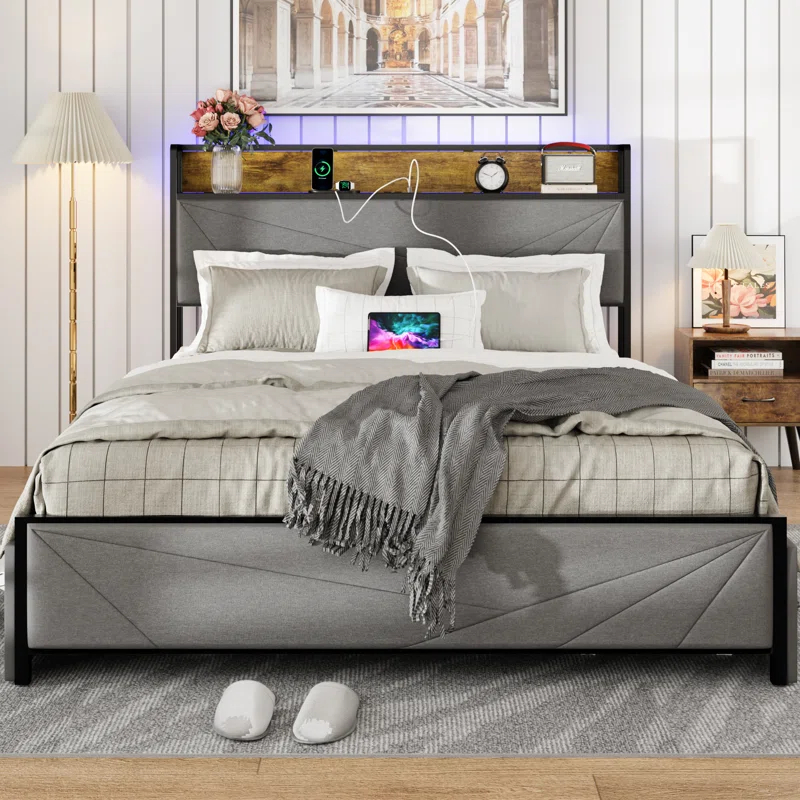 Full Size Bed Frame With 4 Storage Drawers And 2 USB Ports, Upholstered Platform Bed Frame With Storage Headboard Charging Station And Metal Slat Support, No Box Spring Needed, Dark Grey