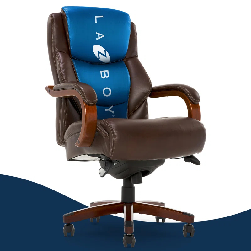 La-Z-Boy La-Z-Boy Delano Big & Tall Executive Office Chair, Ergonomic Mid-Back with Body Pillow Lumbar Support, ComfortCore® with Memory Foam Cushion, Mahogany Wood Arms and Swivel Base, Bonded Leather