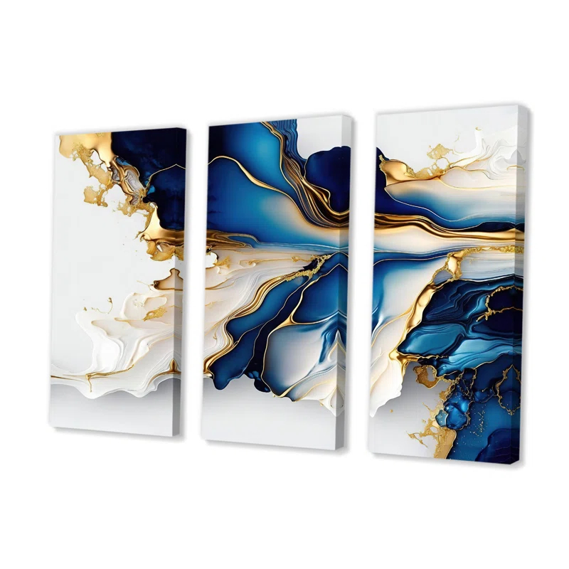" Abstract Geode Gold And Blue Marble Shape III " 3 - Pieces