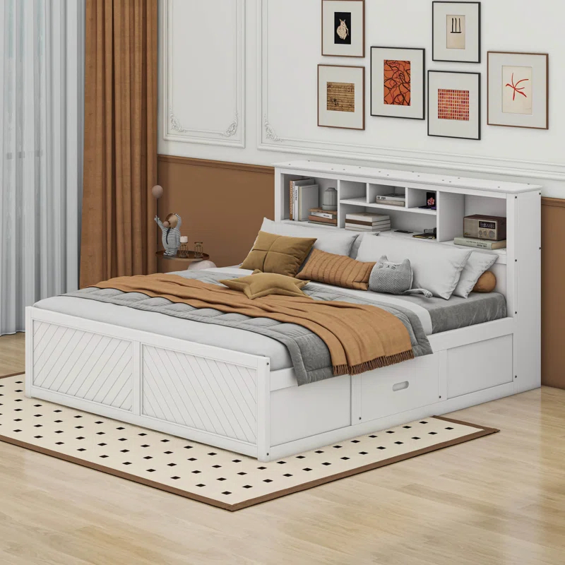 Cosmic King Size Wood Platform Bed With Multi-Storage Headboard, USB And Drawers